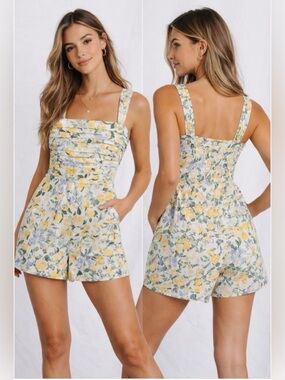 NWT Abercrombie & Fitch Linen Blend Lemon Floral Romper Pleated